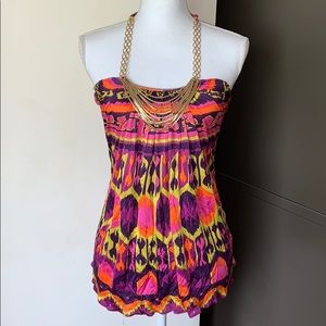 NWT Sky 100% Silk Halter Top with Chain Detail